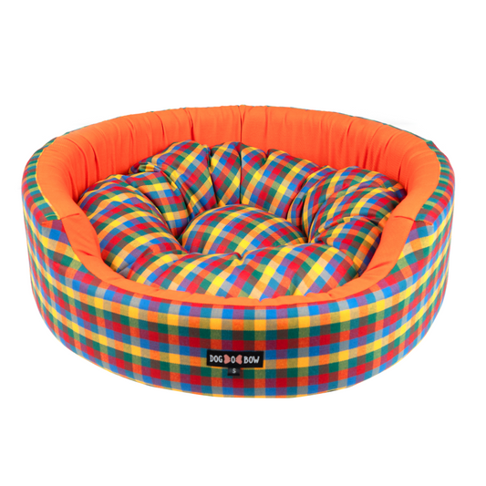 Dogobow Rubic Square Printed Round Bed for Dogs and Cats (Orange Multi Colour)